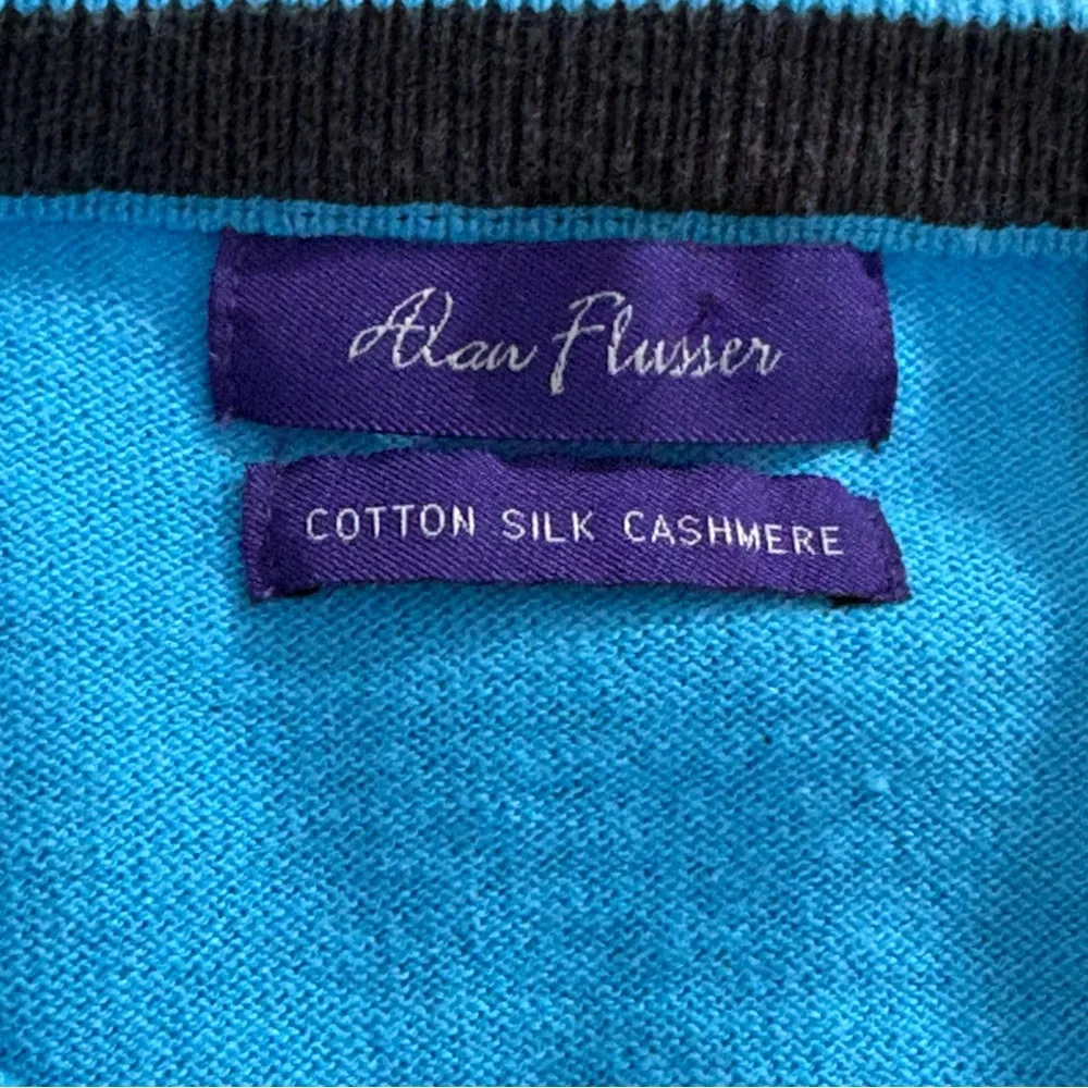 Alan Flusser Cotton Silk Cashmere‎ V Neck Blue Sweater Men’s L Soft Pullover
